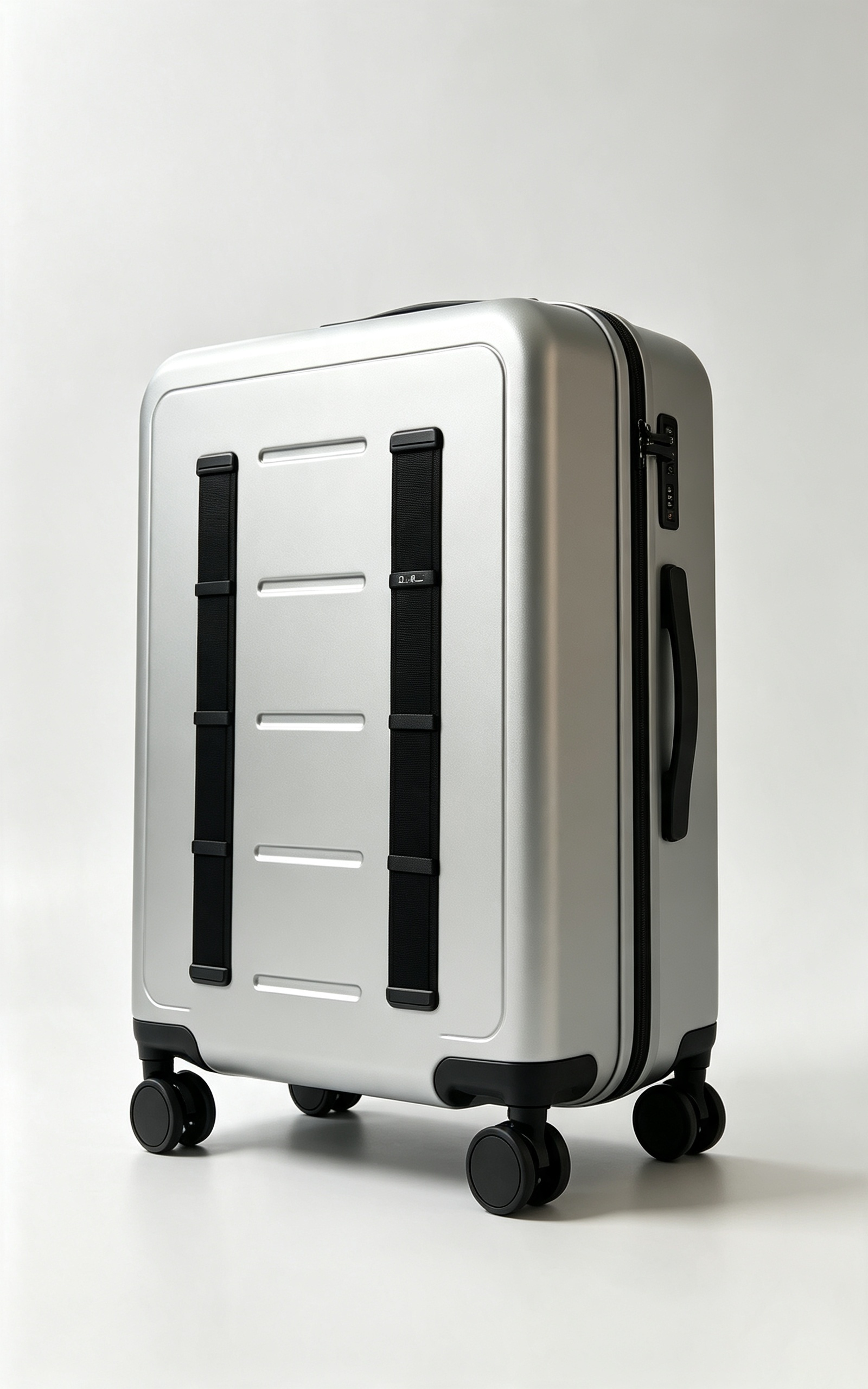 Silver hard‑shell luggage case with webbing straps for airport travel